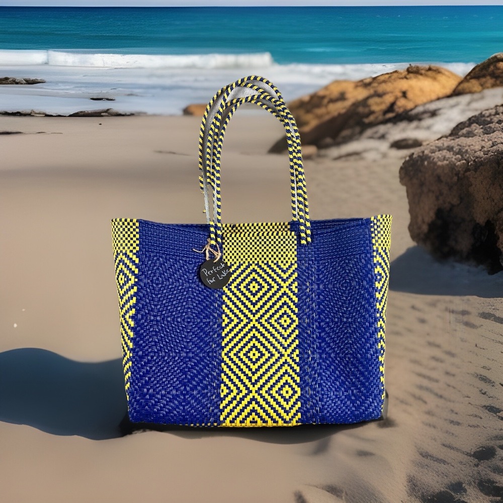 Woven Tote/Market Bag Beach Multi Color Basket Small. Navy Blue & Yellow .